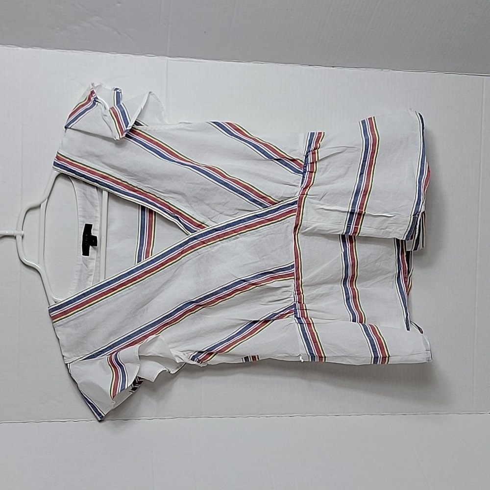 J. Crew Women's White Blue Red Yellow Green Striped V-Neck Short Sleeve Top, 6